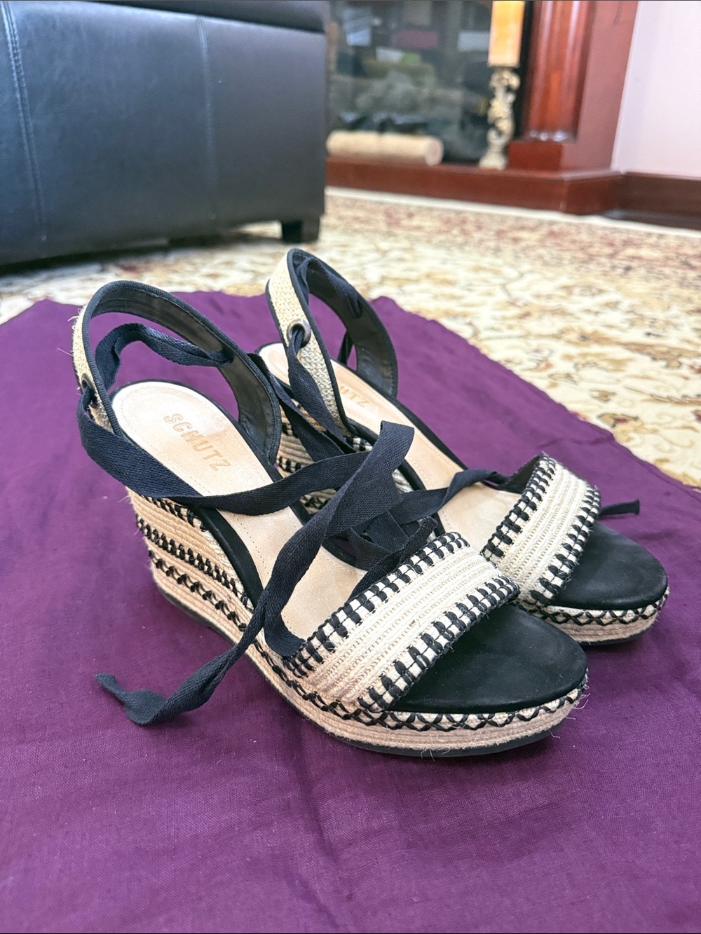 SCHUTZ Black and Natural Woven Espadrille Wedge Sandals